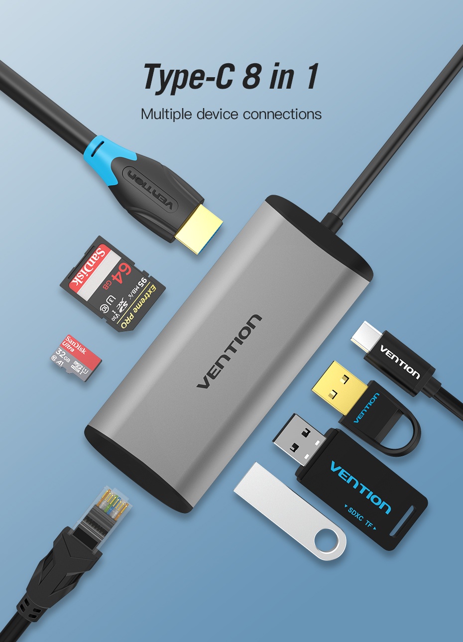 Vention USB-C MULTI-FUNCTIONAL 8 in 1 DOCKING STATION Type C HDMI/USB3.0 Docking Station 0.15M Gray Aluminum Alloy Type0