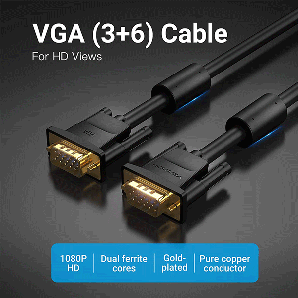 VENTION VGA(3+6) MALE TO MALE CABLE WITH FERRITE CORES 1METER BLACK0