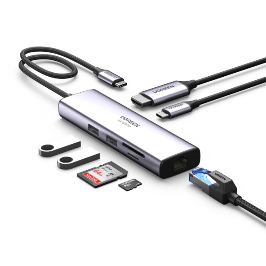 UGREEN USB-C Multifunction Adapter 7 in 1 HUB, CM512 USB-C to USB 3.0 (2 Ports) + HDMI + Gigabit Ethernet + SD & TF Card Reader- UG-605153