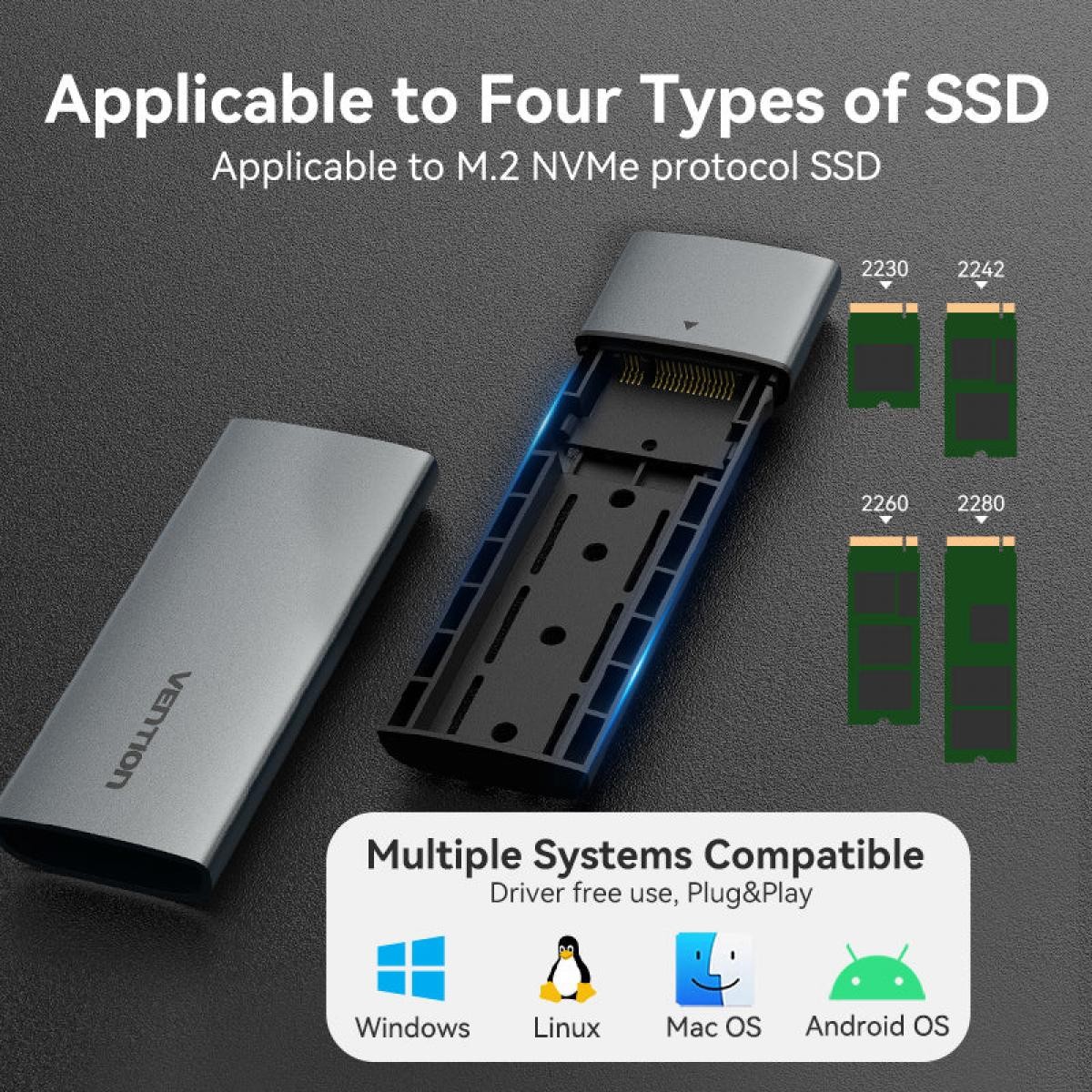 Vention M.2 NVMe SSD Enclosure (USB 3.1 Gen 2-C) Gray Aluminum Alloy Type3