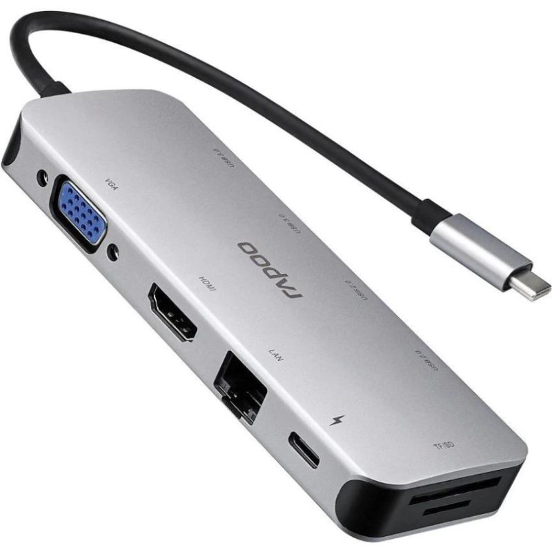 Rapoo 10-in-1 USB C Hub Adapter, with 4K HDMI, 1080P VGA, SD/TF Card Reader, 4 USB 3.0 Ports, Type C Charging, RJ-45 Port - XD2004