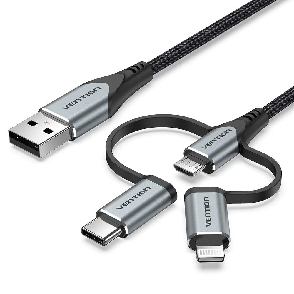 Vention USB 2.0 A Male to 3‑in‑1 Micro‑B & USB‑C & Lightning Cable