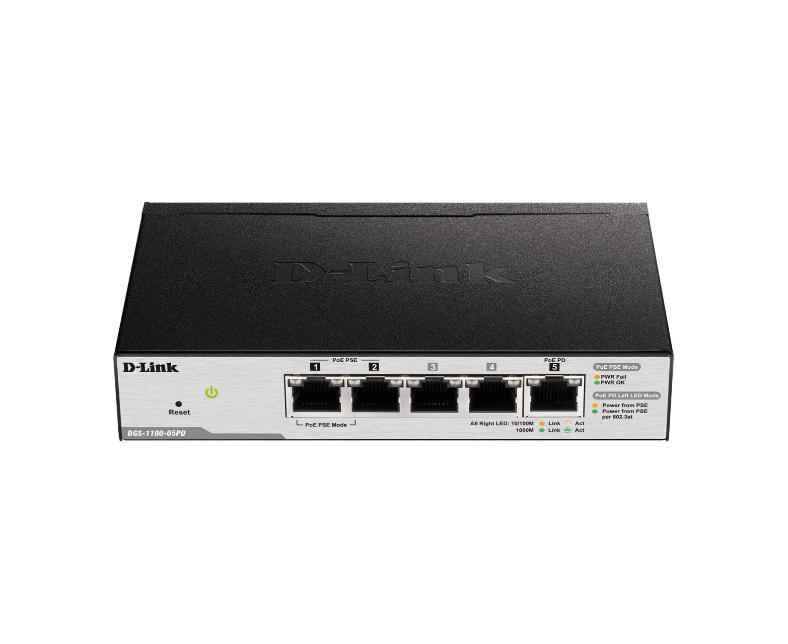Dlink 2-Ports 10/100/1000Mbps PoE + 3-Ports 10/100/1000Mbps with 1 PD ( PoE powered ) port Smart Switch,Max PoE Power budget 18W with 802.3at input / 8W with 802.3af input (DGS-1100-05PD)3