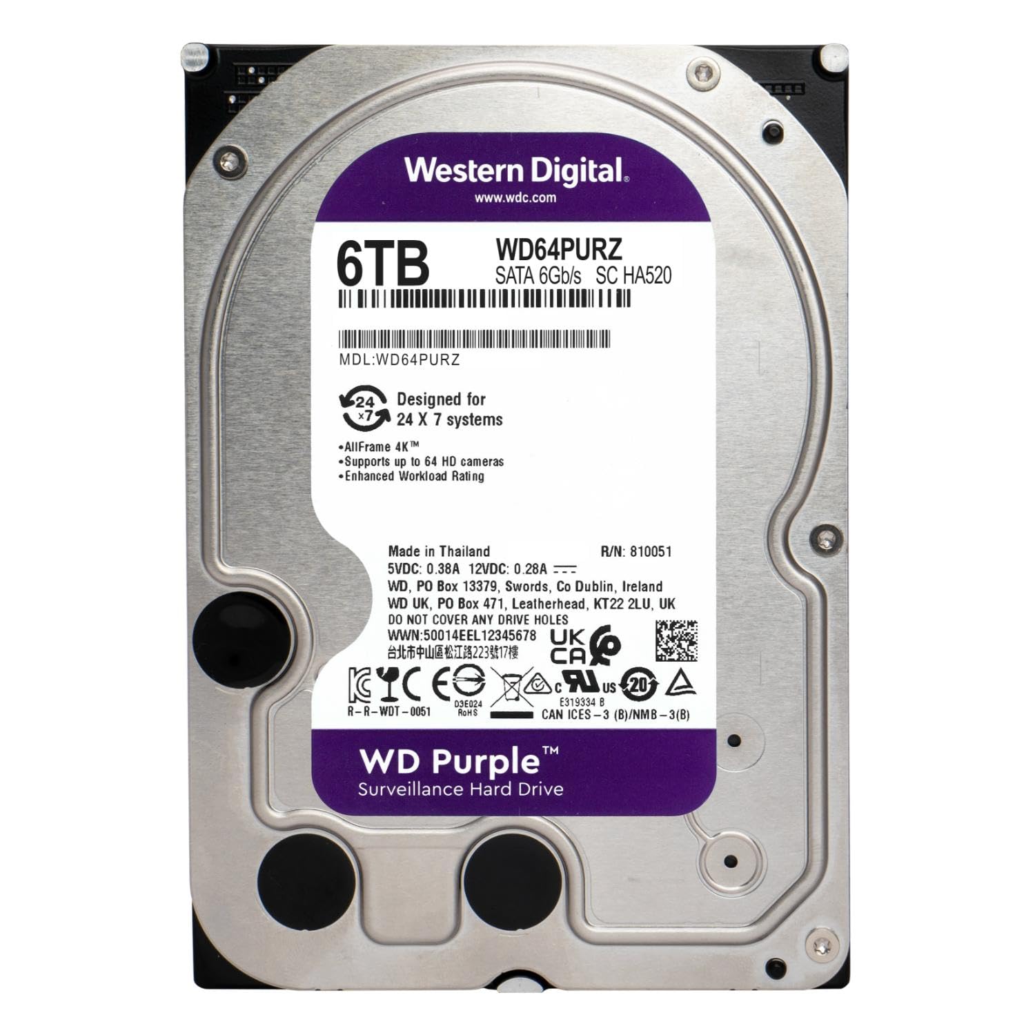 WD Purple Surveillance Hard Drive 6 TB, 256 MB Cache 3.5 Inch– WD64PURZ0