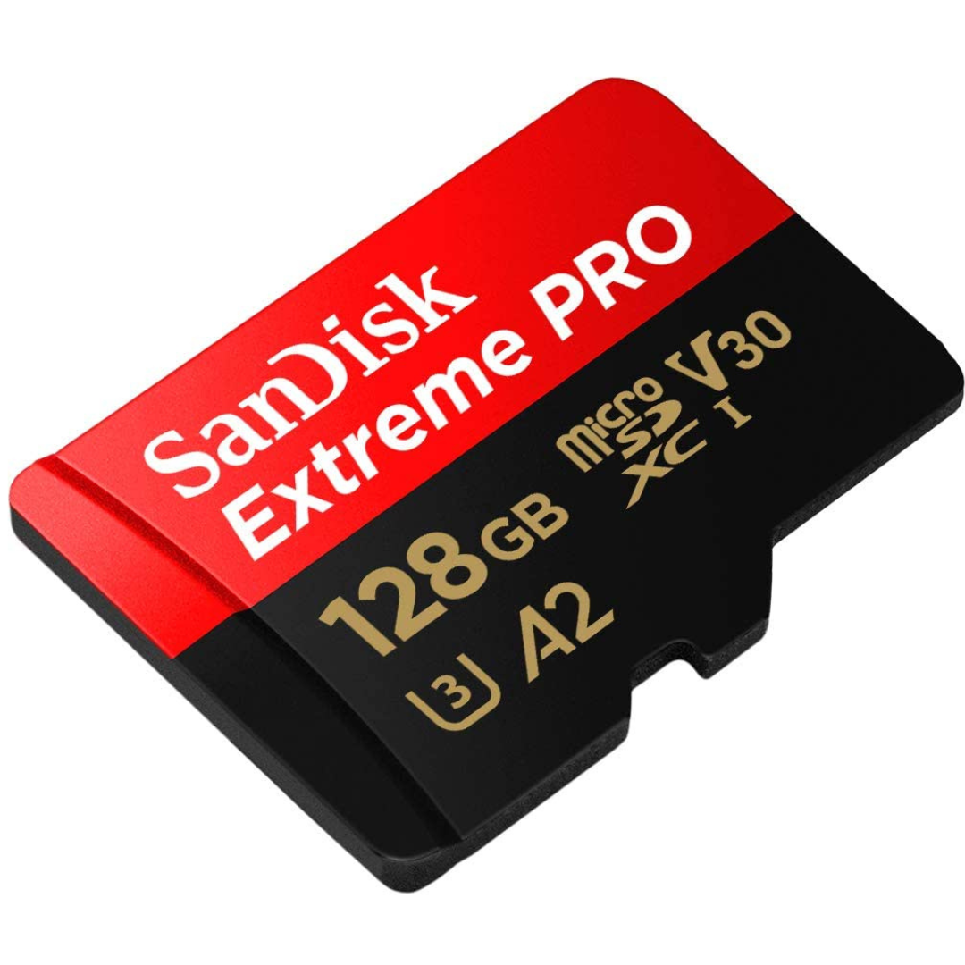 SanDisk 128GB Extreme PRO® microSD™ UHS-I Card with Adapter C10, U3, V30, A2, 200MB/s Read 90MB/s Write SDSQXCD-128G-GN6MA4