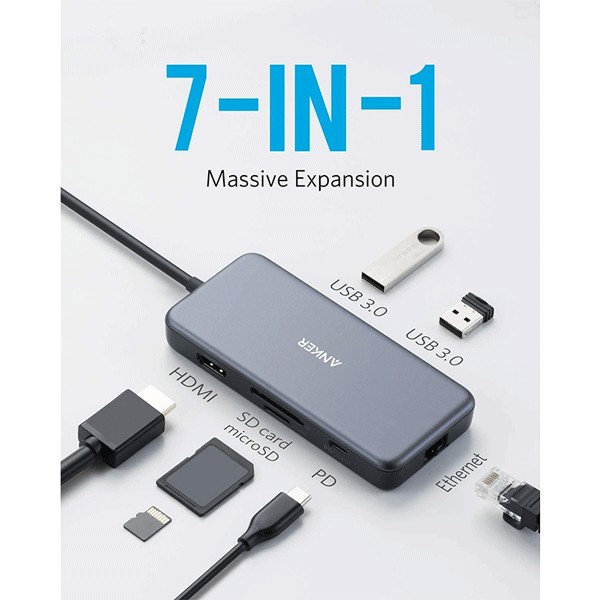 Anker USB C Hub Adapter, PowerExpand+ 7-in-1 USB C Hub, with 4K USB C to HDMI, 60W Power Delivery, 1Gbps Ethernet, 2 USB 3.0 Ports, SD and microSD Card Readers3