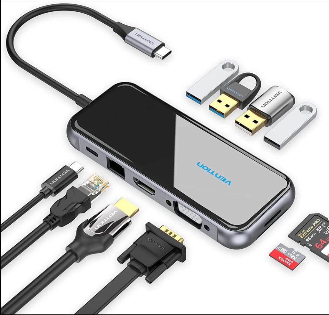 Vention Multi-function USB-C to HDMI/USB-C Gen 1/USB 3.0/USB 2.0*2/RJ45/SD/TF/PD Docking Station 0.15m Black Mirrored Surface Type2