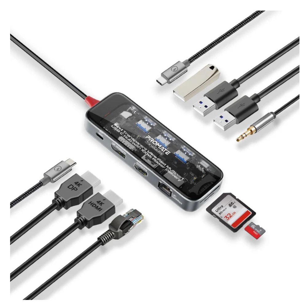Promate 11‑in‑1 Transparent Ultra‑Fast Multi‑Port USB‑C Hub