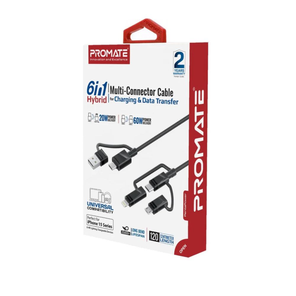 Promate 6-in-1 Hybrid Multi-Connector Cable-PentaPower