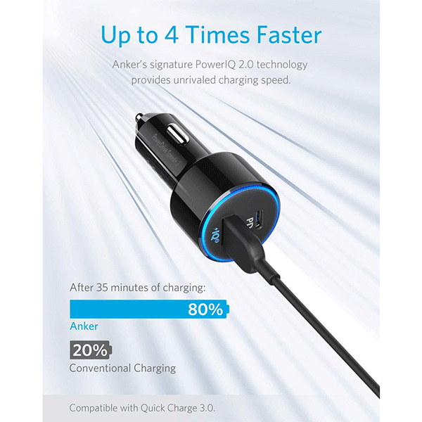 USB C Car Charger, Anker 49.5W PowerDrive Speed+ 2 Car Adapter with One 30W PD Port0