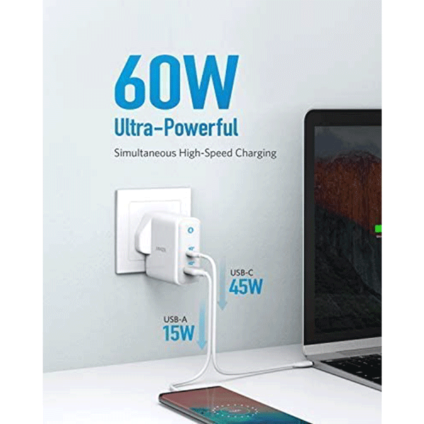 Anker USB C Charger, 60W PIQ 3.0 & GaN Tech Dual Port Charger, PowerPort+ Atom III (2 Ports) Travel Charger with a 45W USB C Port2