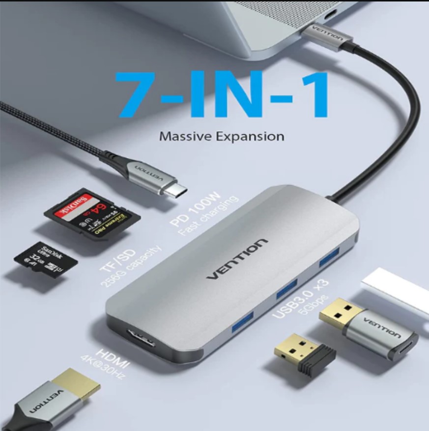 Vention USB C Multi-function 7 in 1 Docking Station 0.15M Gray Aluminum Alloy Type2