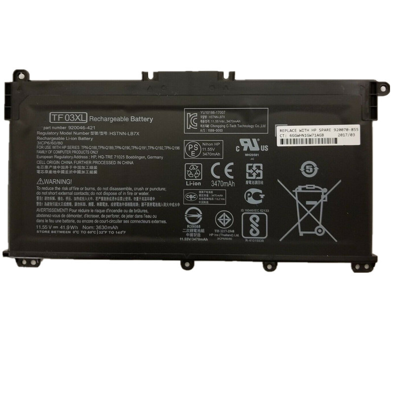 TF03XL Battery Compatible HP Pavilion 15-CD HSTNN-LB7X 920070-855 920046-421 Series Laptop 11.55V 41.9Wh 3470mAh2