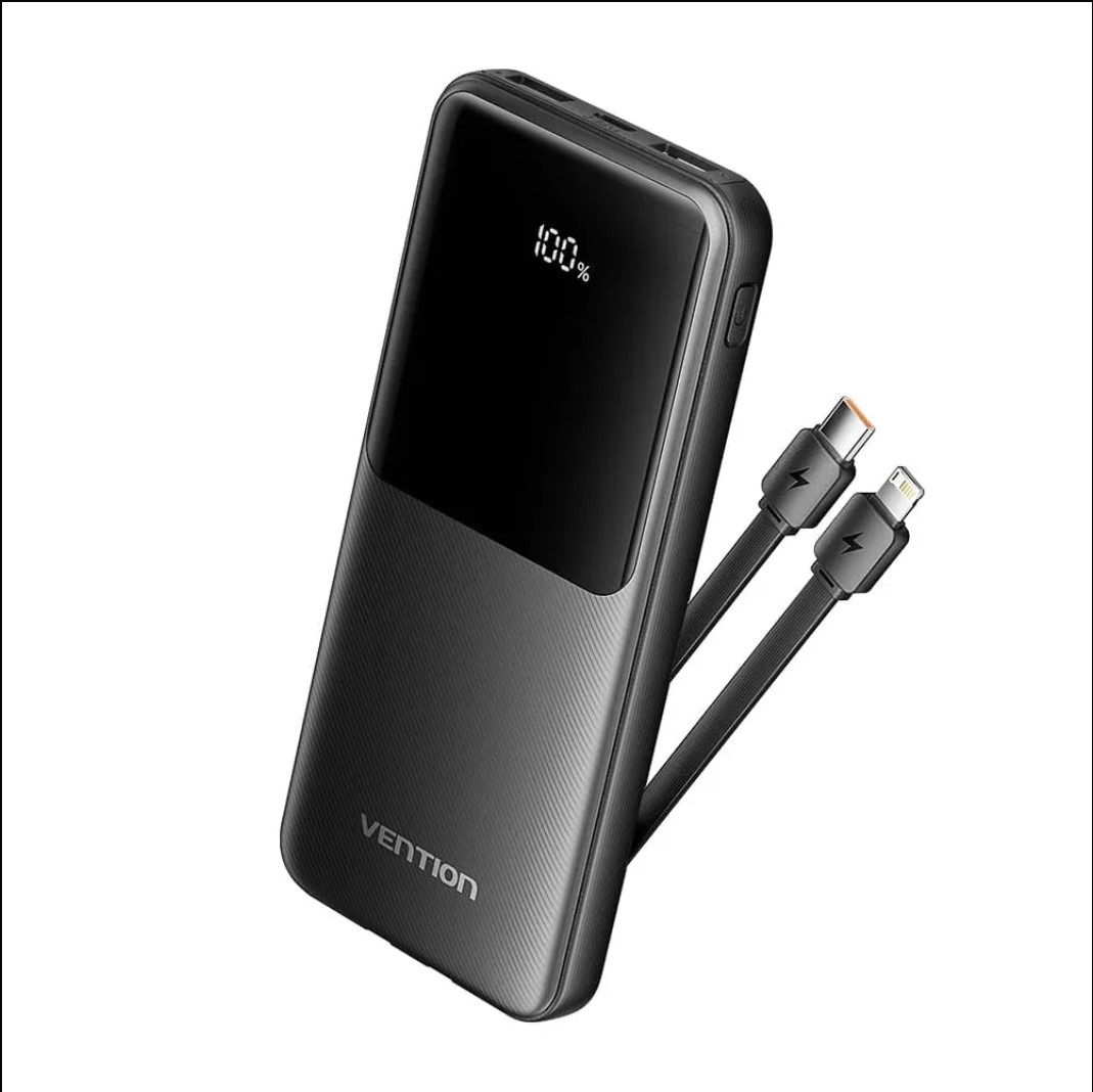 Vention 20000mAh Power Bank w/ Built-in USB-C & Lightning Cables 22.5W Black LED Display4