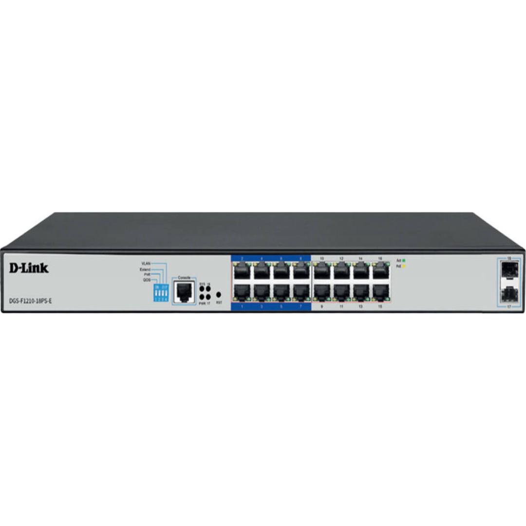 D-Link DGS-F1210-18PS-E 16-port Gigabit Long Range 250m PoE+ Smart Switch with 16 PoE ports, 2 SFP ports – DGS-F1210-18PS4
