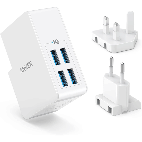 Anker USB Plug Charger 5.4A/27W 4-Port USB Wall Charger, PowerPort 4 Lite with Interchangeable UK and EU Travel Charger4