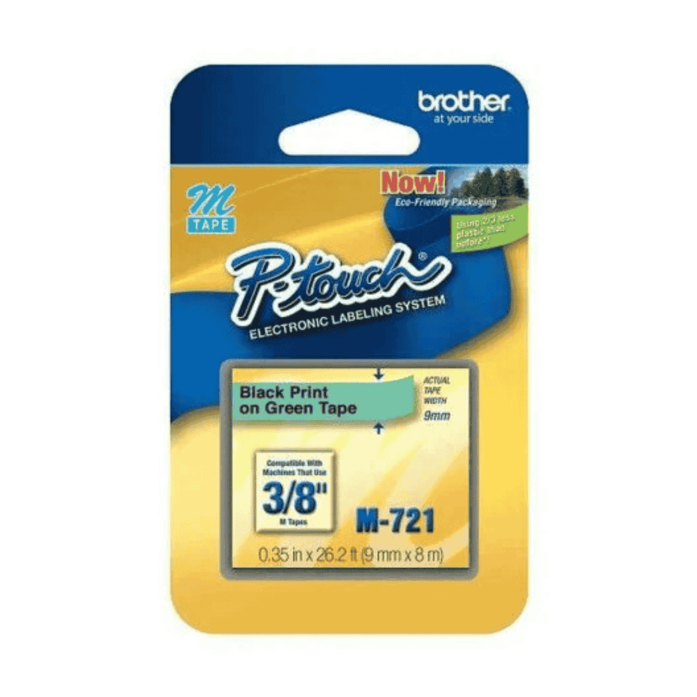 Brother M721 9mm black on green label tape