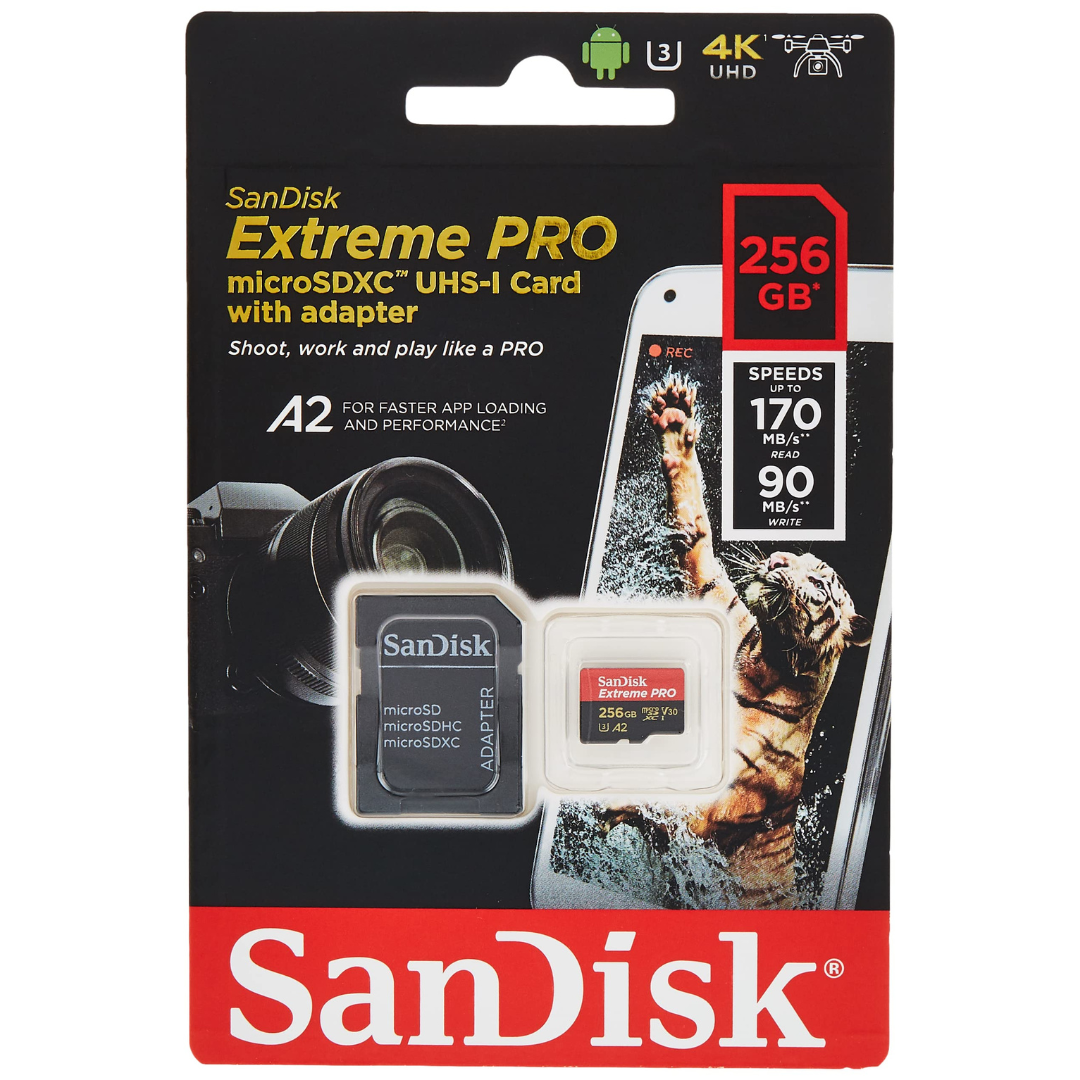 SanDisk 256GB Extreme PRO® microSD™ UHS-I Card with Adapter C10, U3, V30, A2, 200MB/s Read 140MB/s Write SDSQXCD-256G-GN6MA4