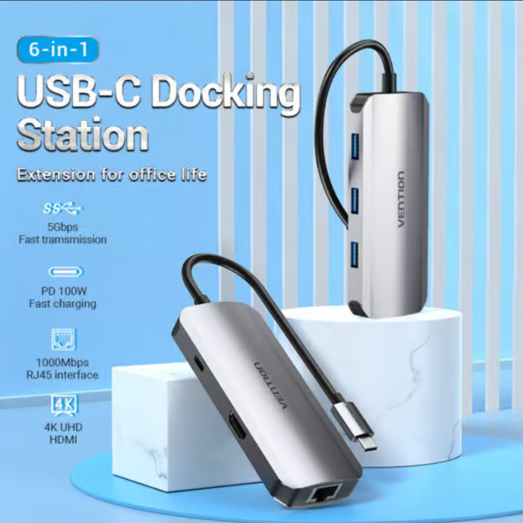 Vention USB C Multi-function 6 in 1 Docking Station (HDMI/USB 3.0×3/RJ45/PD up to 87W) 0.5m Gray
