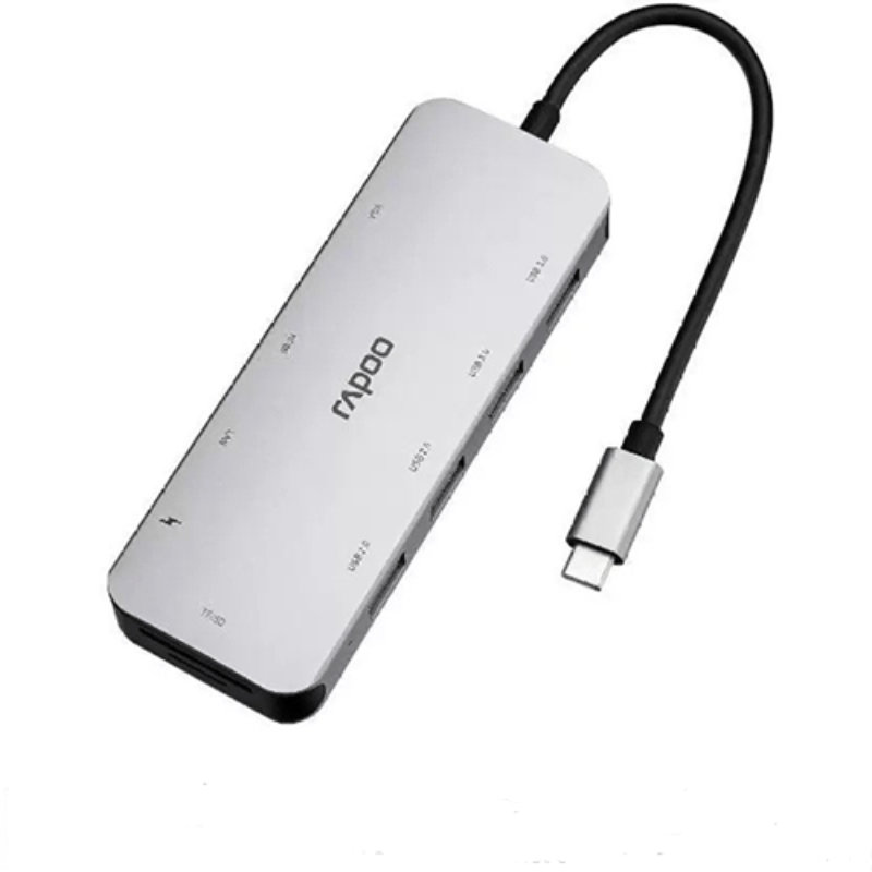 Rapoo 10-in-1 USB C Hub Adapter, with 4K HDMI, 1080P VGA, SD/TF Card Reader, 4 USB 3.0 Ports, Type C Charging, RJ-45 Port - XD2002