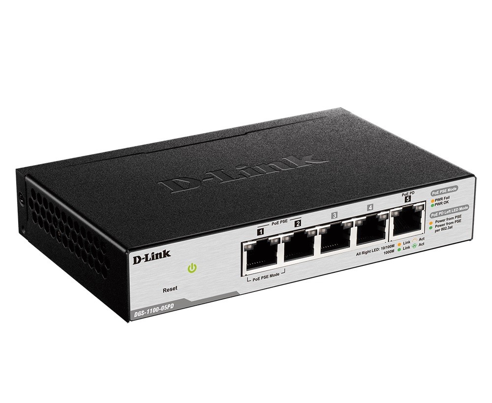 Dlink 2-Ports 10/100/1000Mbps PoE + 3-Ports 10/100/1000Mbps with 1 PD ( PoE powered ) port Smart Switch,Max PoE Power budget 18W with 802.3at input / 8W with 802.3af input (DGS-1100-05PD)0