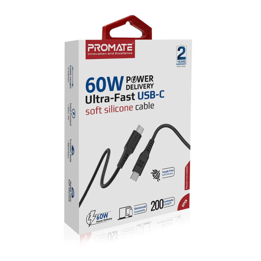 Promate 60W USB-C to USB-C POWERLINK-CC200 2M Cable