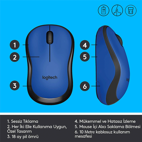 Logitech Wireless Mouse Silent M220 - Blue (910-004879)3