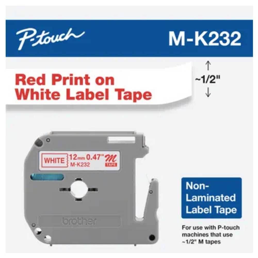 Brother M Tape M-K232 12mm  Red on White Tape3