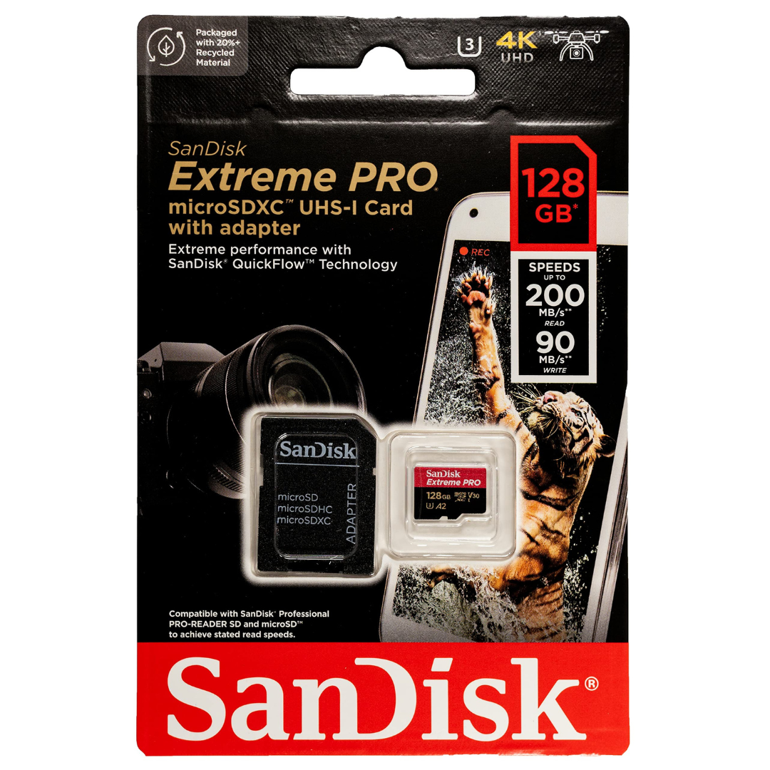 SanDisk 128GB Extreme PRO® microSD™ UHS-I Card with Adapter C10, U3, V30, A2, 200MB/s Read 90MB/s Write SDSQXCD-128G-GN6MA2