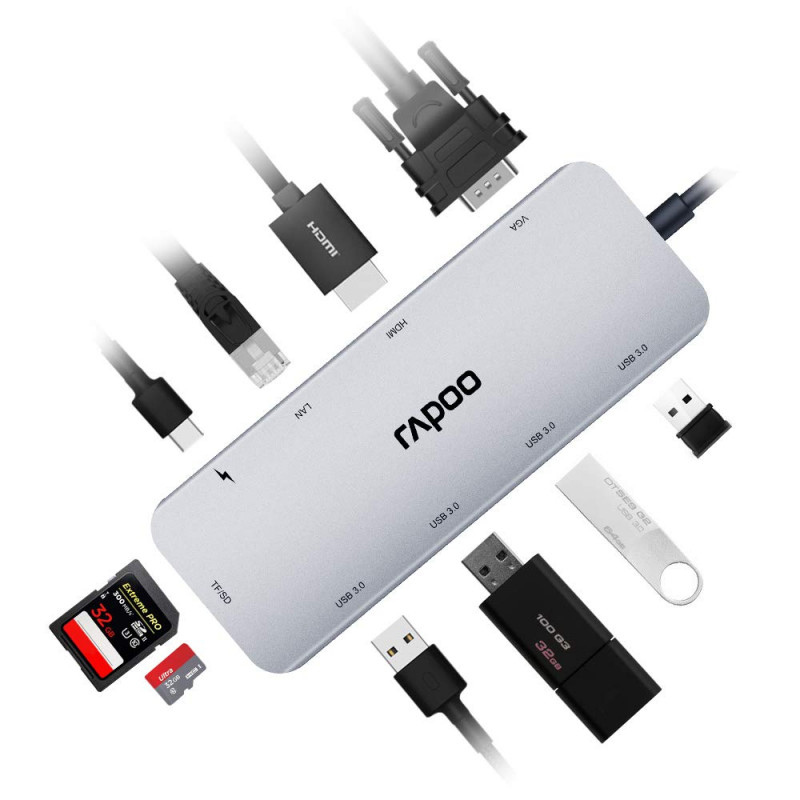 Rapoo 10-in-1 USB C Hub Adapter, with 4K HDMI, 1080P VGA, SD/TF Card Reader, 4 USB 3.0 Ports, Type C Charging, RJ-45 Port - XD2003