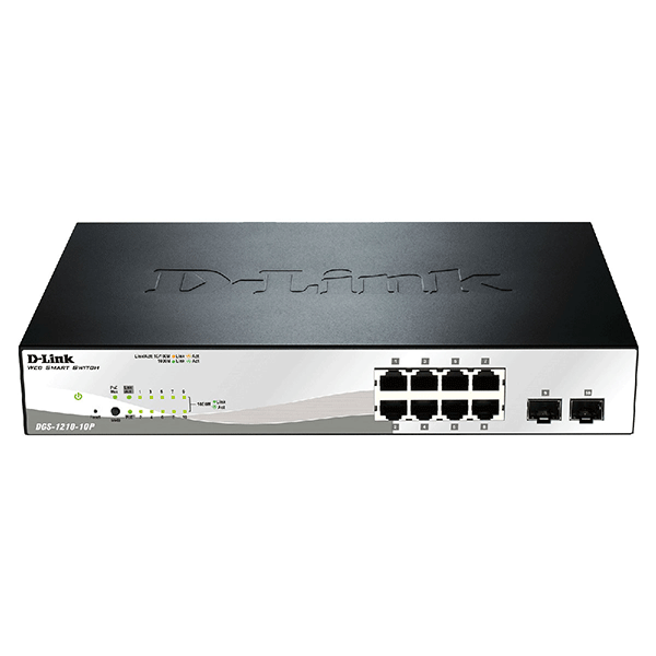 D-Link 8-ports 10/100/1000Base-T PoE + 2 SFP ports Smart Switch, 78W PoE Power budget.  (802.3af/802.3at support) - DGS-1210-10P2