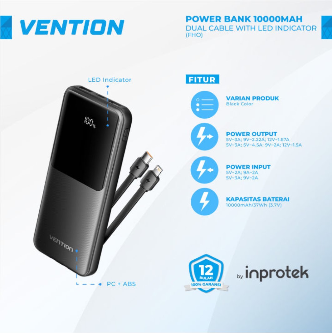 Vention 10000mAh Power Bank w/ Built-in USB-C & Lightning Cables 22.5W Black LED Display3